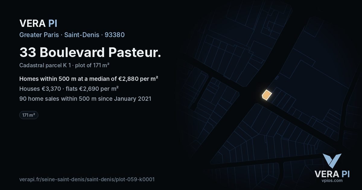 33 Boulevard Pasteur, Saint-Denis at night – the plot lit, the parcels around coloured by the prices near them