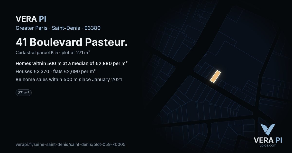 41 Boulevard Pasteur, Saint-Denis at night – the plot lit, the parcels around coloured by the prices near them