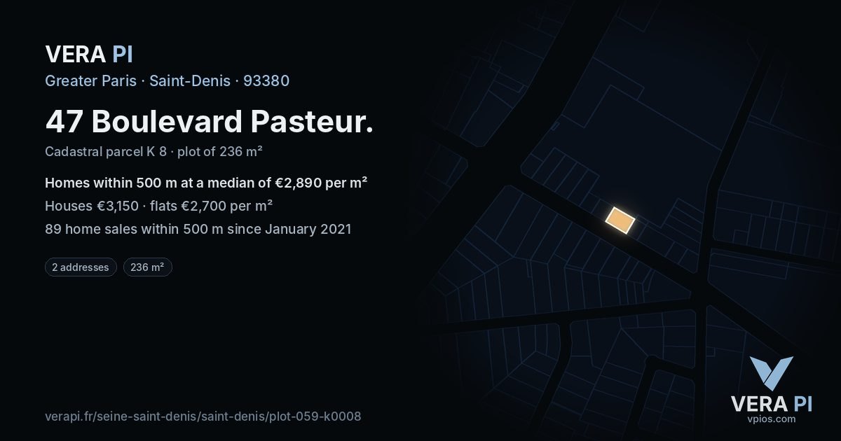 47 Boulevard Pasteur, Saint-Denis at night – the plot lit, the parcels around coloured by the prices near them