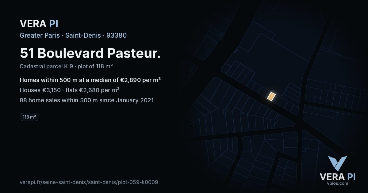 51 Boulevard Pasteur, Saint-Denis at night – the plot lit, the parcels around coloured by the prices near them