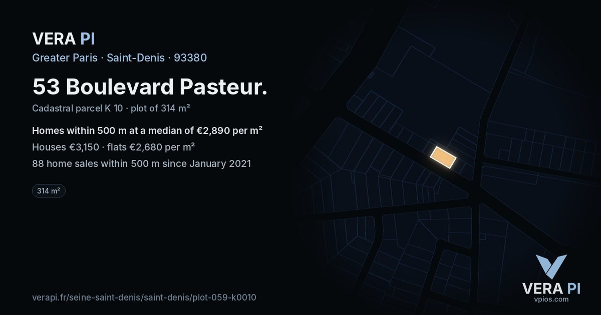 53 Boulevard Pasteur, Saint-Denis at night – the plot lit, the parcels around coloured by the prices near them