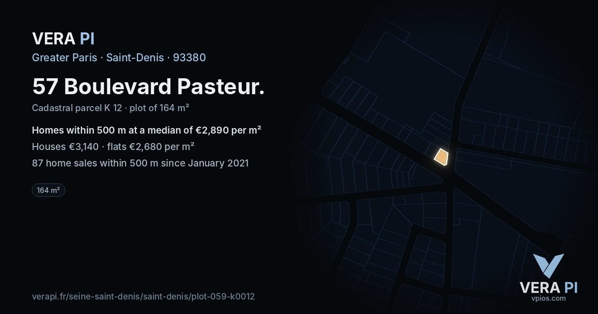 57 Boulevard Pasteur, Saint-Denis at night – the plot lit, the parcels around coloured by the prices near them