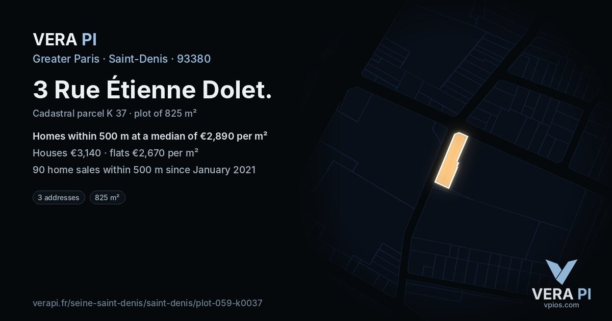 3 Rue Étienne Dolet, Saint-Denis at night – the plot lit, the parcels around coloured by the prices near them