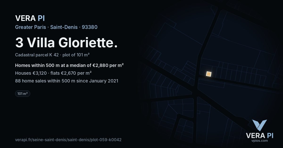 3 Villa Gloriette, Saint-Denis at night – the plot lit, the parcels around coloured by the prices near them