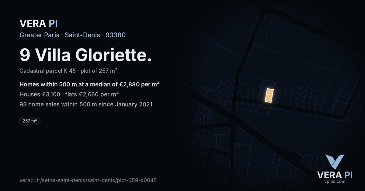9 Villa Gloriette, Saint-Denis at night – the plot lit, the parcels around coloured by the prices near them