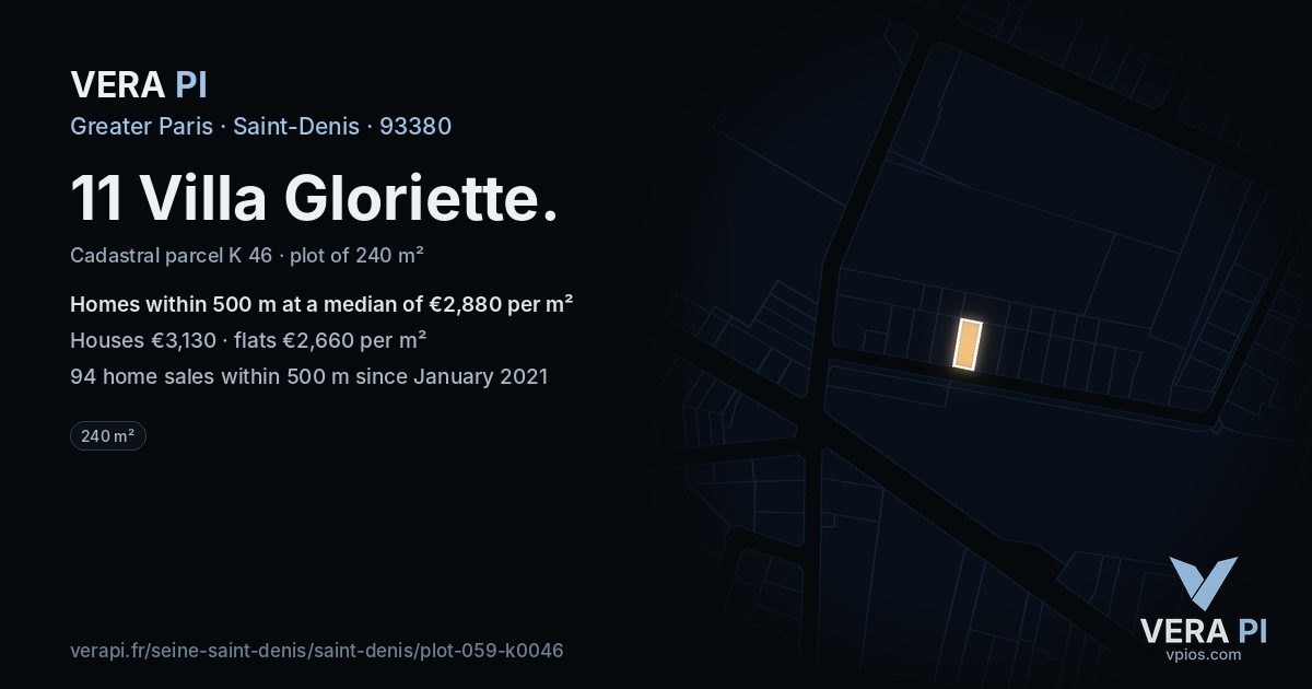 11 Villa Gloriette, Saint-Denis at night – the plot lit, the parcels around coloured by the prices near them