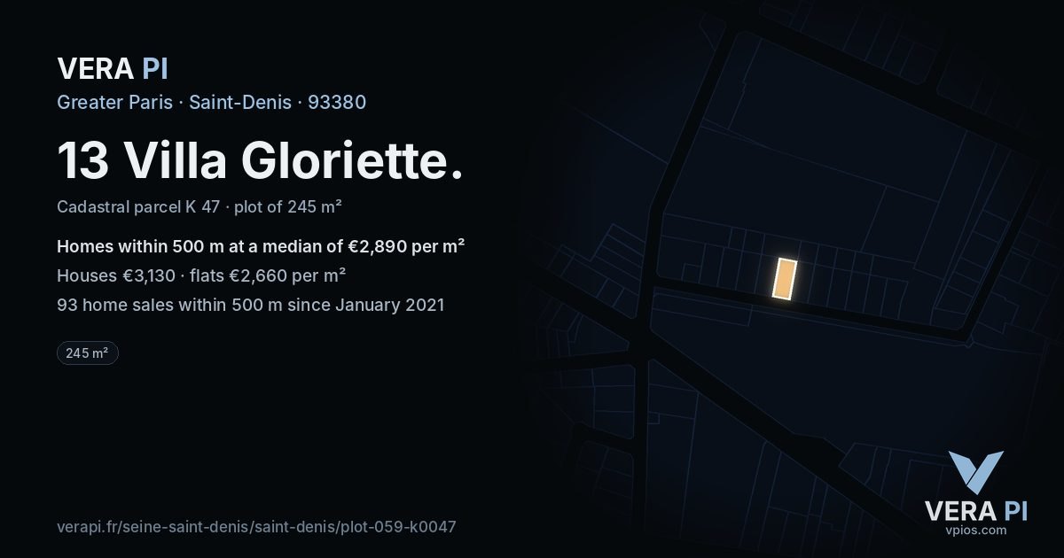13 Villa Gloriette, Saint-Denis at night – the plot lit, the parcels around coloured by the prices near them