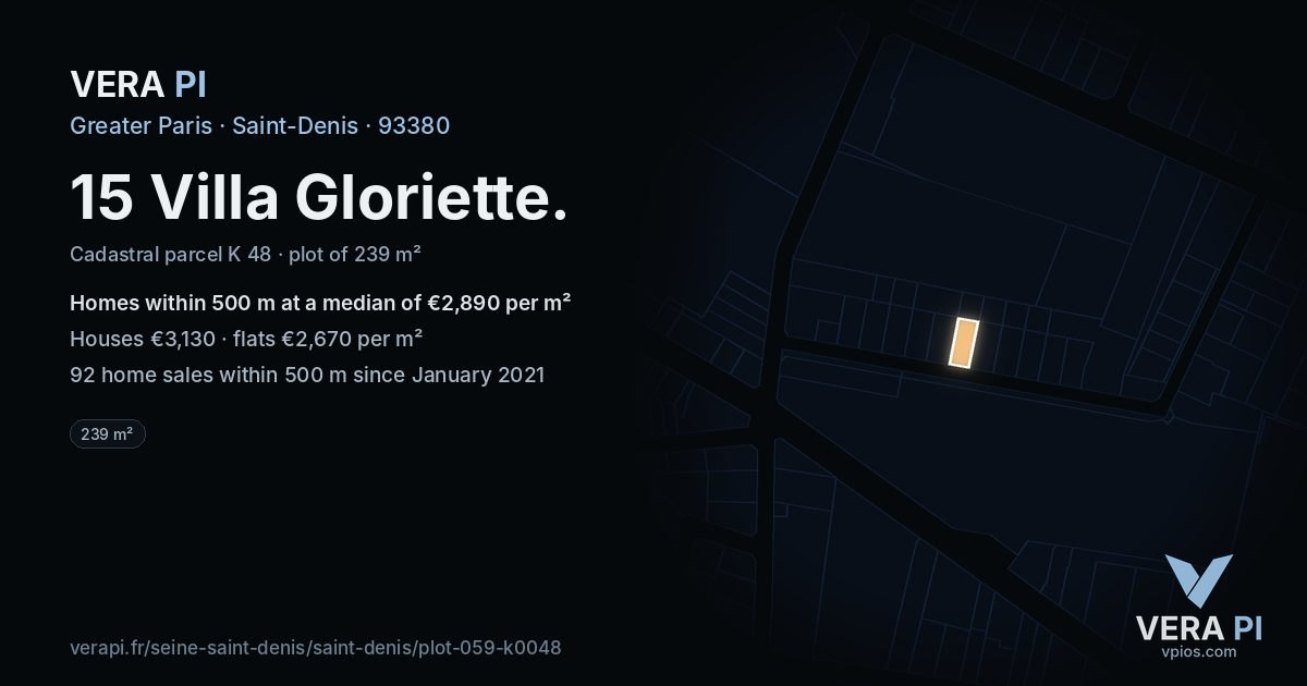 15 Villa Gloriette, Saint-Denis at night – the plot lit, the parcels around coloured by the prices near them