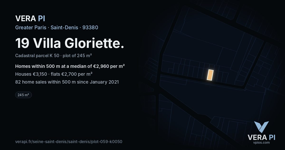 19 Villa Gloriette, Saint-Denis at night – the plot lit, the parcels around coloured by the prices near them