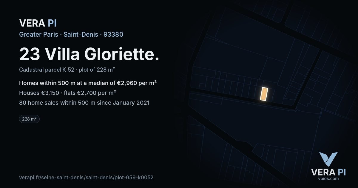 23 Villa Gloriette, Saint-Denis at night – the plot lit, the parcels around coloured by the prices near them