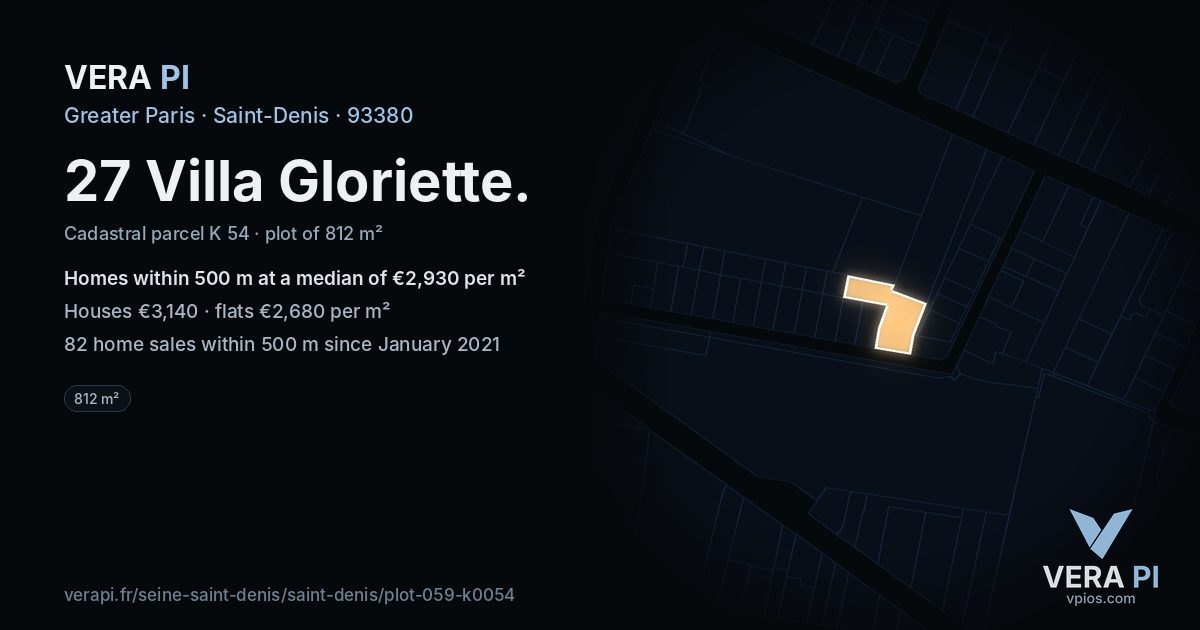 27 Villa Gloriette, Saint-Denis at night – the plot lit, the parcels around coloured by the prices near them