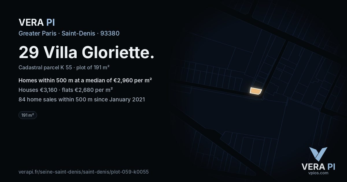 29 Villa Gloriette, Saint-Denis at night – the plot lit, the parcels around coloured by the prices near them