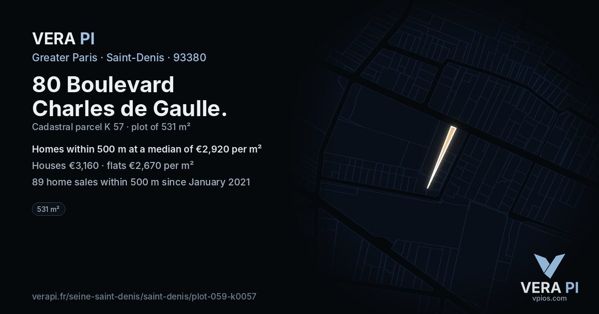 80 Boulevard Charles de Gaulle, Saint-Denis at night – the plot lit, the parcels around coloured by the prices near them