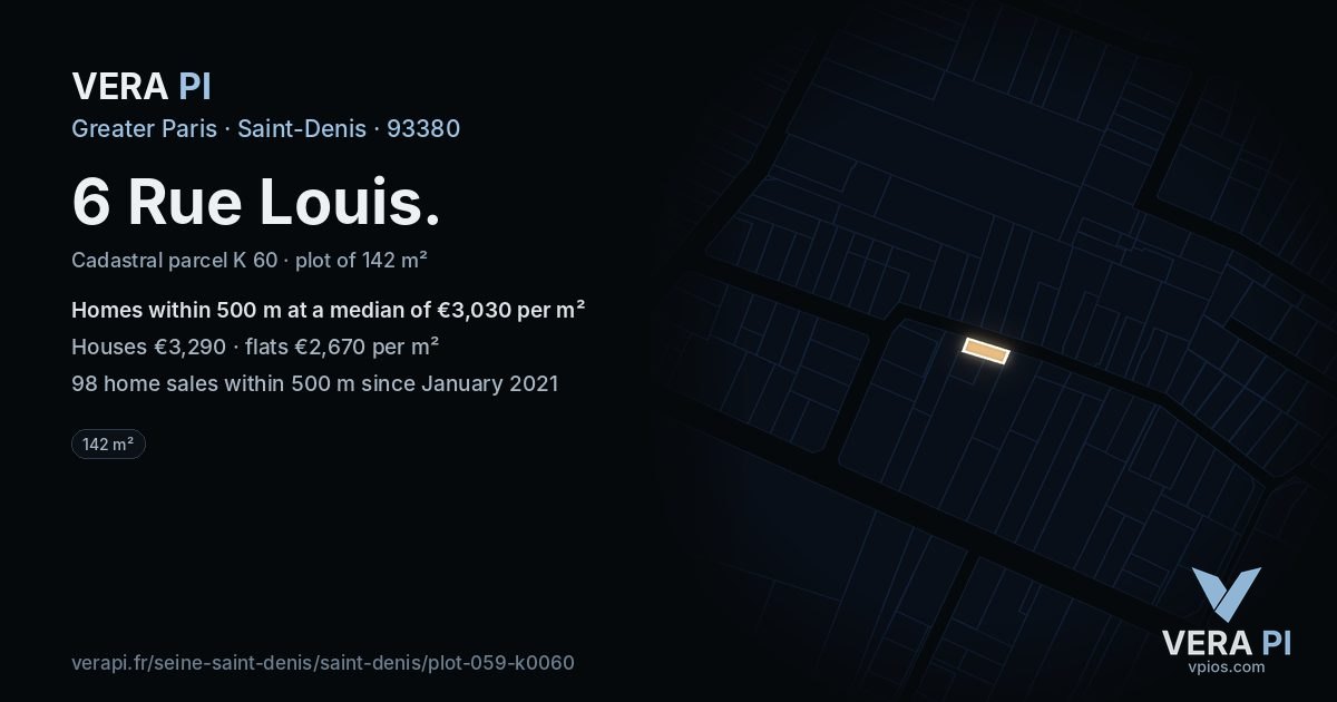 6 Rue Louis, Saint-Denis at night – the plot lit, the parcels around coloured by the prices near them
