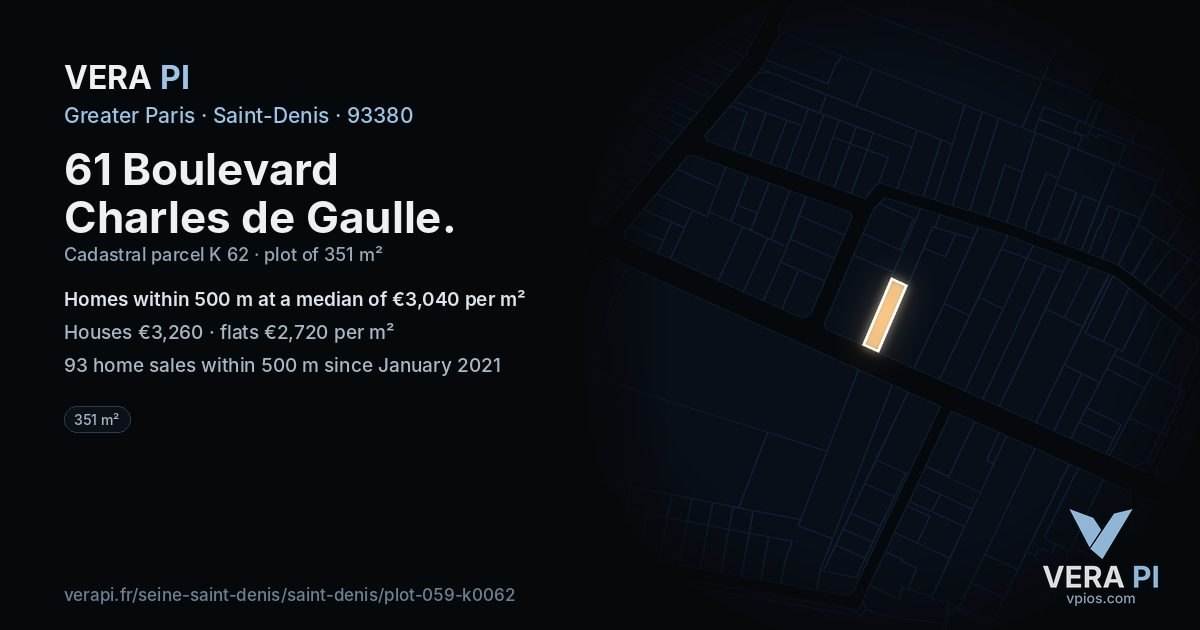 61 Boulevard Charles de Gaulle, Saint-Denis at night – the plot lit, the parcels around coloured by the prices near them