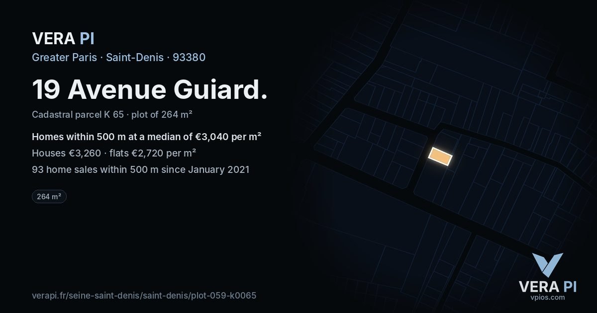 19 Avenue Guiard, Saint-Denis at night – the plot lit, the parcels around coloured by the prices near them