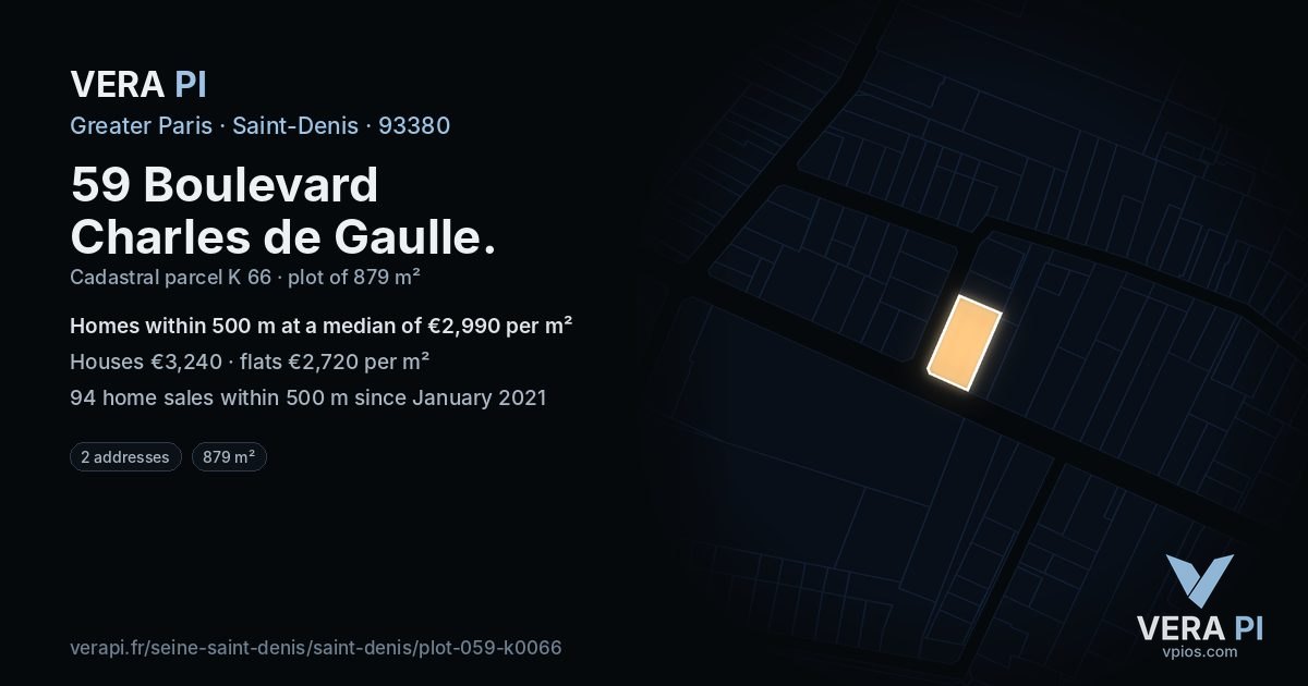 59 Boulevard Charles de Gaulle, Saint-Denis at night – the plot lit, the parcels around coloured by the prices near them