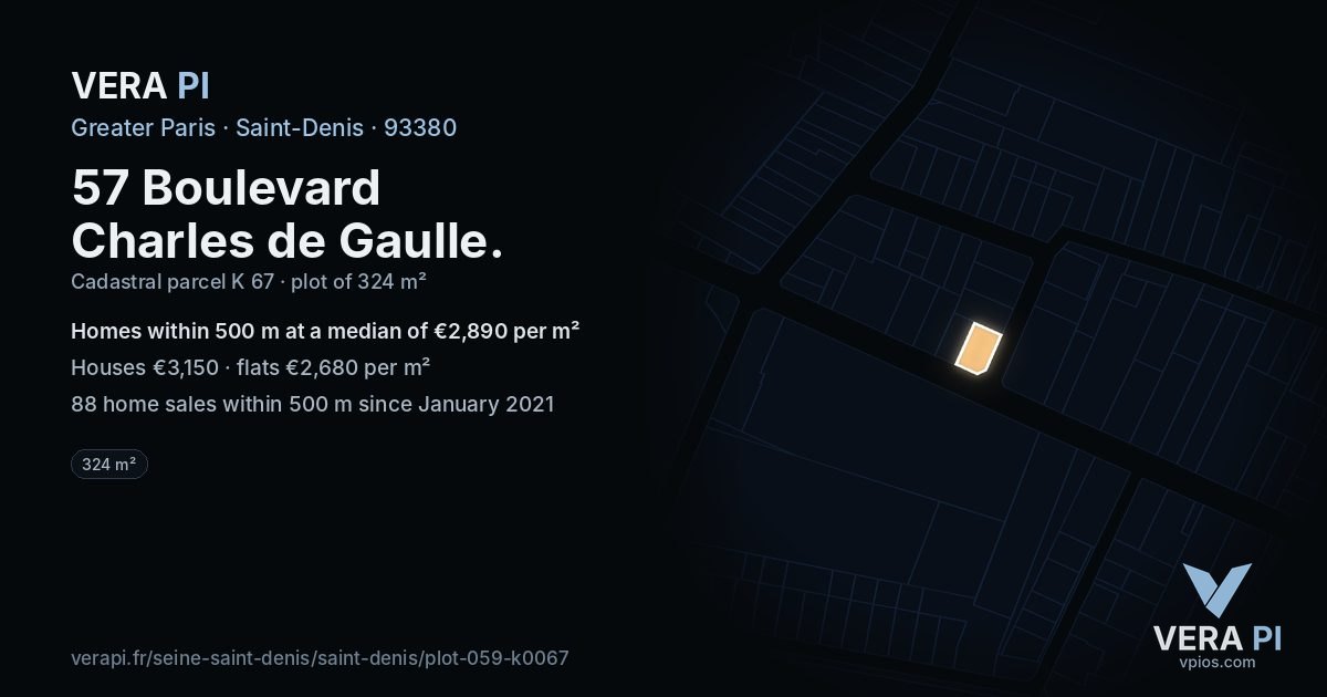 57 Boulevard Charles de Gaulle, Saint-Denis at night – the plot lit, the parcels around coloured by the prices near them