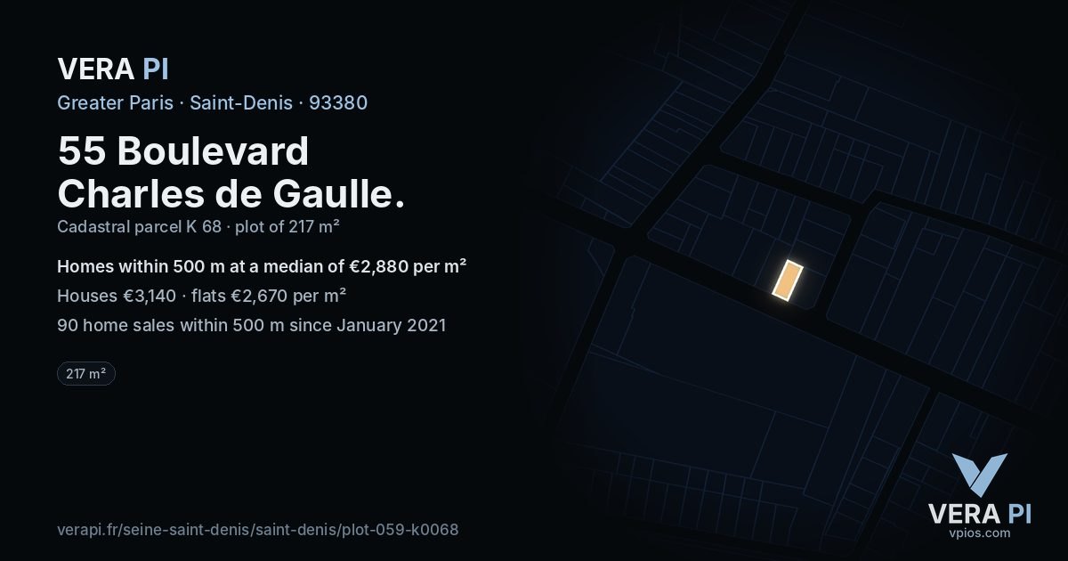55 Boulevard Charles de Gaulle, Saint-Denis at night – the plot lit, the parcels around coloured by the prices near them
