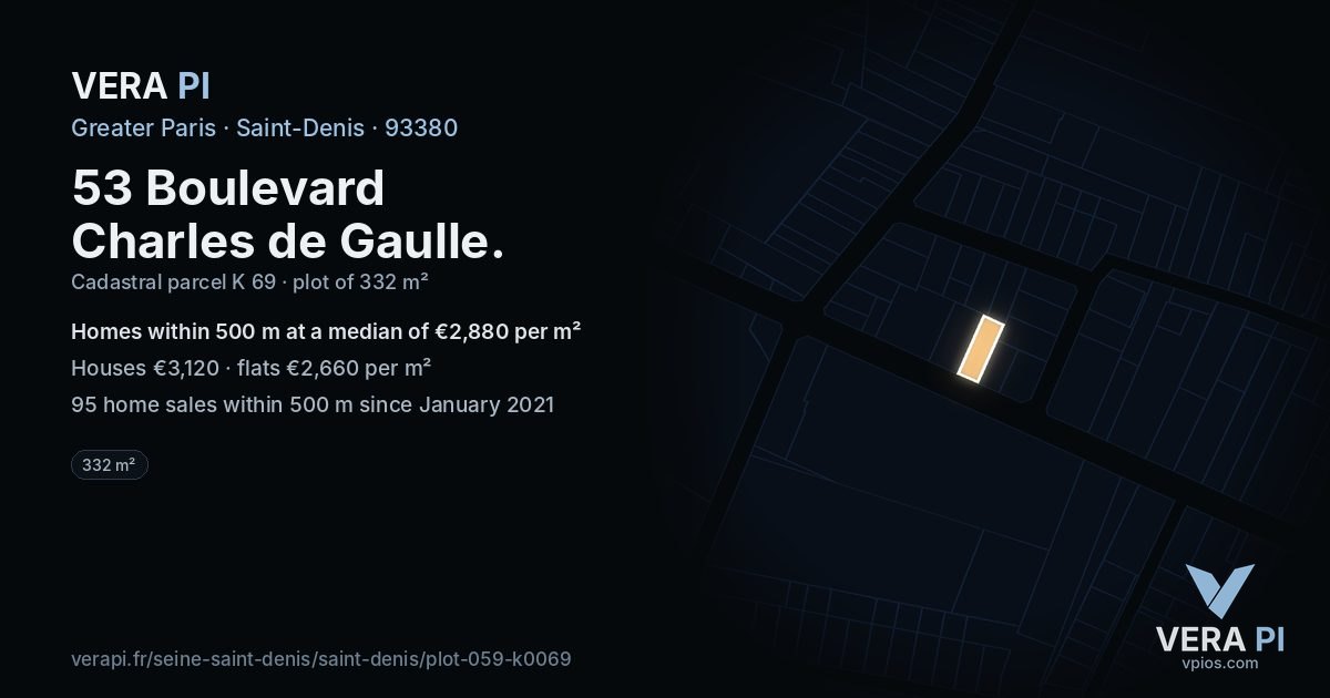 53 Boulevard Charles de Gaulle, Saint-Denis at night – the plot lit, the parcels around coloured by the prices near them