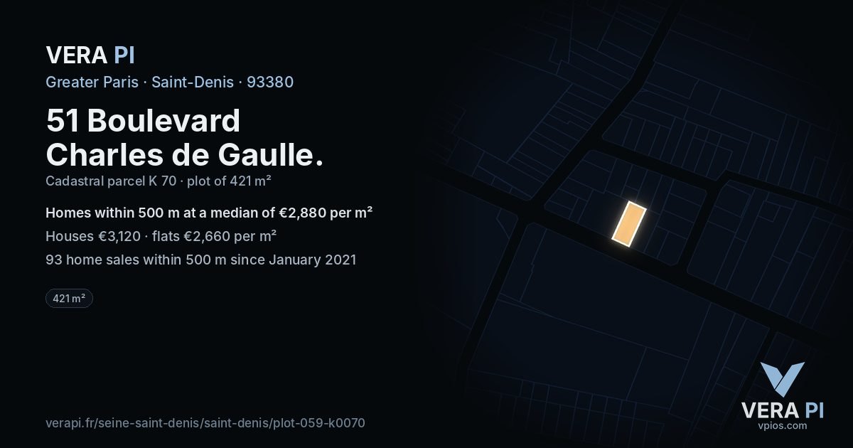 51 Boulevard Charles de Gaulle, Saint-Denis at night – the plot lit, the parcels around coloured by the prices near them