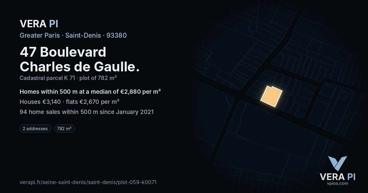 47 Boulevard Charles de Gaulle, Saint-Denis at night – the plot lit, the parcels around coloured by the prices near them