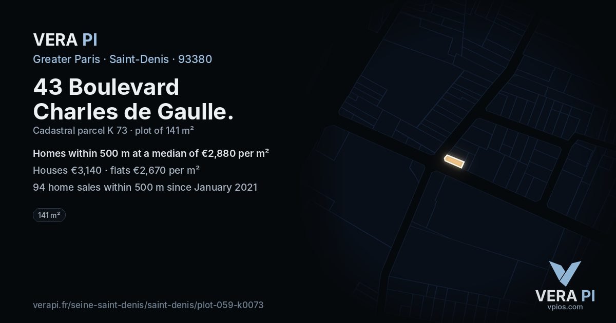 43 Boulevard Charles de Gaulle, Saint-Denis at night – the plot lit, the parcels around coloured by the prices near them