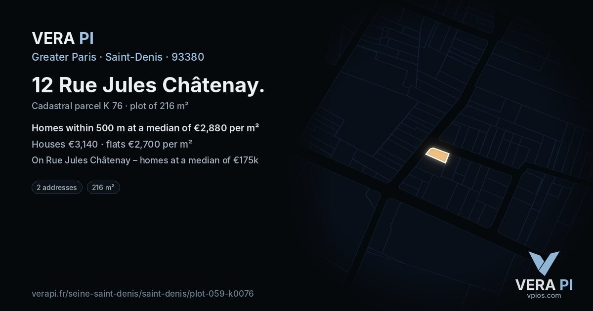 12 Rue Jules Châtenay, Saint-Denis at night – the plot lit, the parcels around coloured by the prices near them