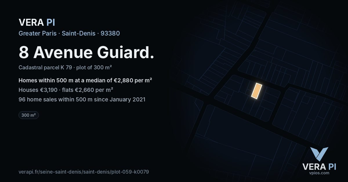 8 Avenue Guiard, Saint-Denis at night – the plot lit, the parcels around coloured by the prices near them