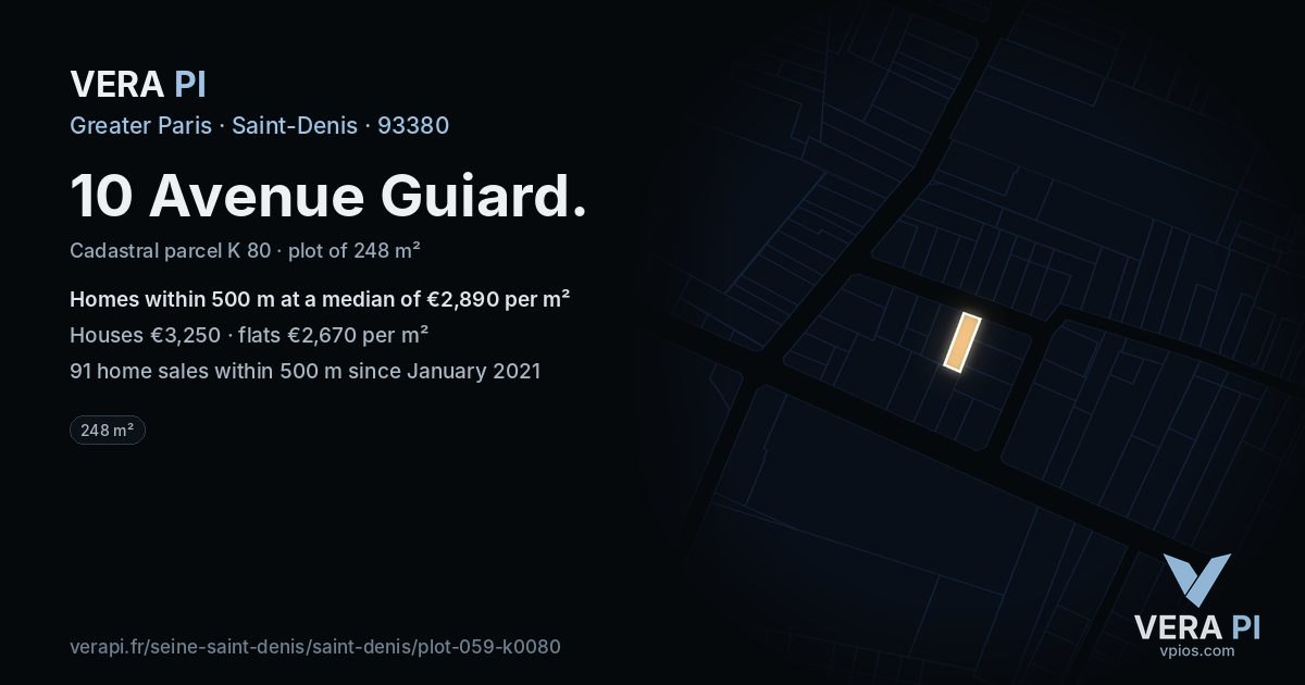 10 Avenue Guiard, Saint-Denis at night – the plot lit, the parcels around coloured by the prices near them