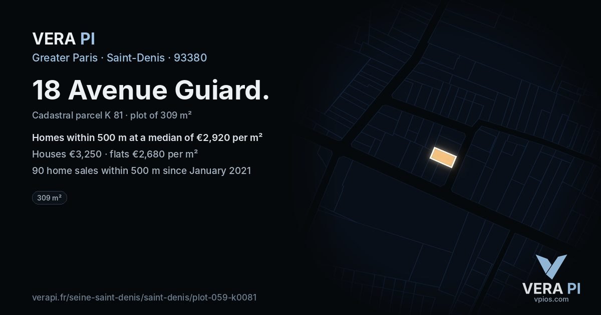 18 Avenue Guiard, Saint-Denis at night – the plot lit, the parcels around coloured by the prices near them