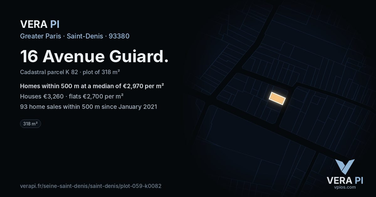 16 Avenue Guiard, Saint-Denis at night – the plot lit, the parcels around coloured by the prices near them