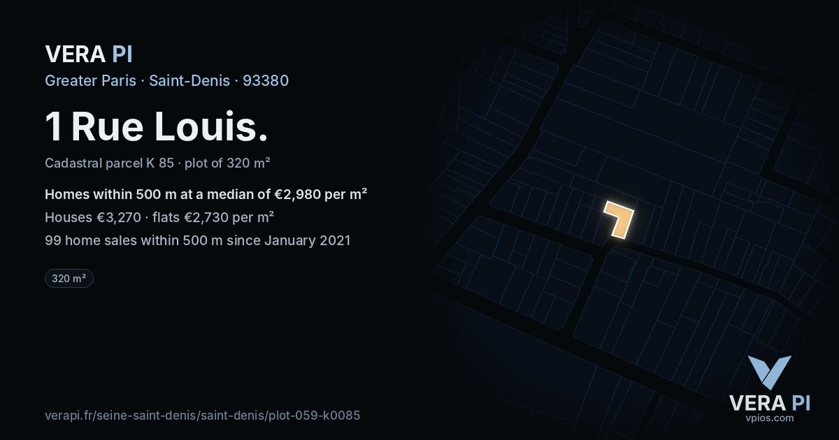 1 Rue Louis, Saint-Denis at night – the plot lit, the parcels around coloured by the prices near them