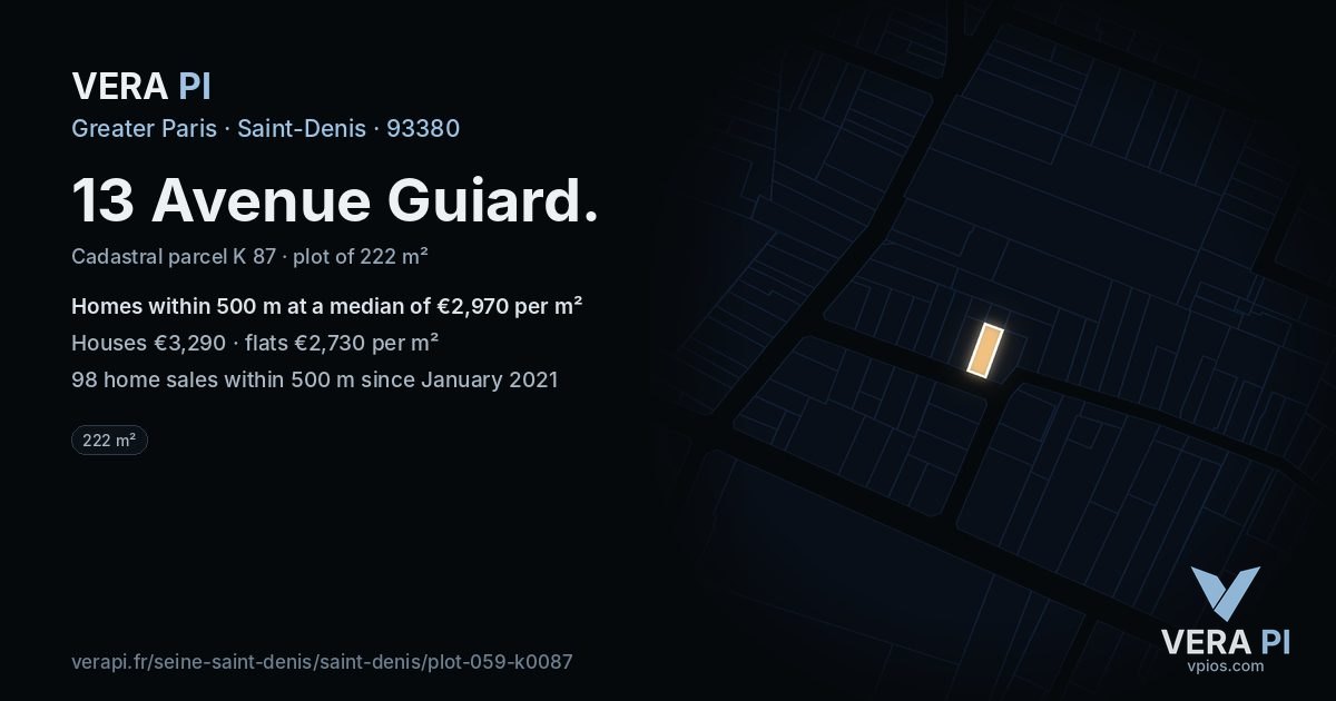13 Avenue Guiard, Saint-Denis at night – the plot lit, the parcels around coloured by the prices near them