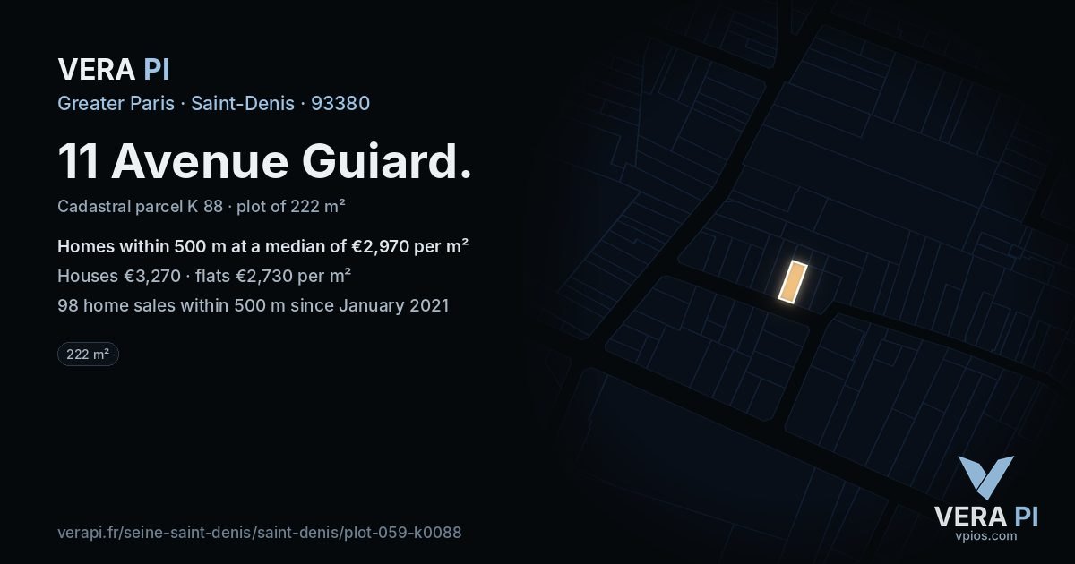 11 Avenue Guiard, Saint-Denis at night – the plot lit, the parcels around coloured by the prices near them