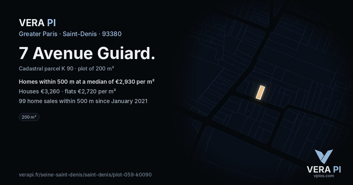 7 Avenue Guiard, Saint-Denis at night – the plot lit, the parcels around coloured by the prices near them