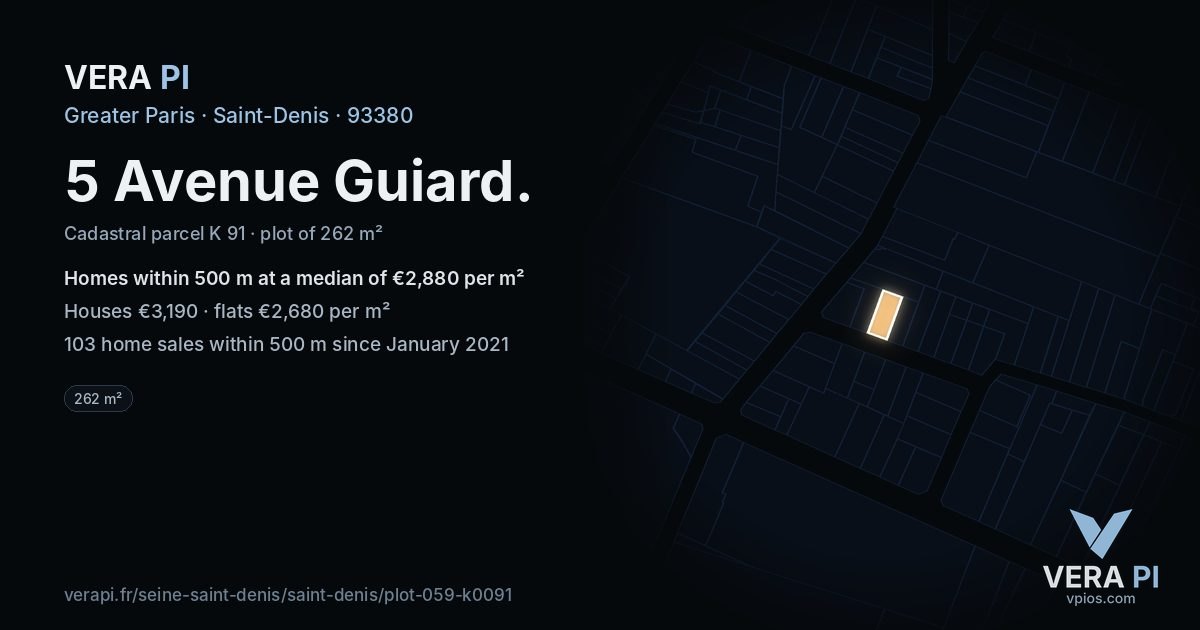 5 Avenue Guiard, Saint-Denis at night – the plot lit, the parcels around coloured by the prices near them