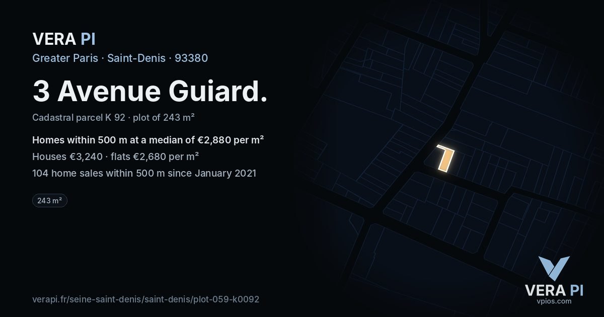 3 Avenue Guiard, Saint-Denis at night – the plot lit, the parcels around coloured by the prices near them