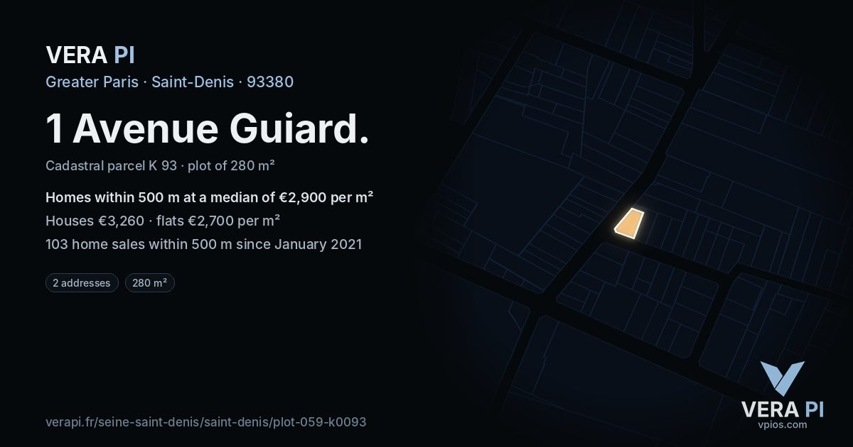 1 Avenue Guiard, Saint-Denis at night – the plot lit, the parcels around coloured by the prices near them