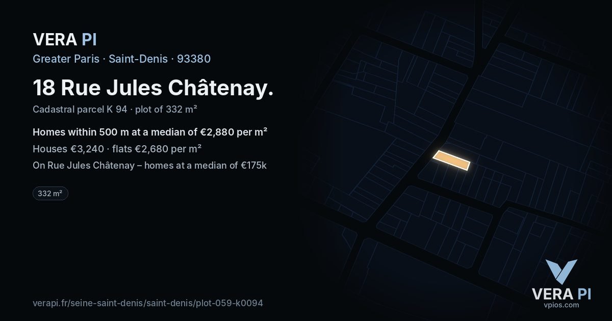 18 Rue Jules Châtenay, Saint-Denis at night – the plot lit, the parcels around coloured by the prices near them