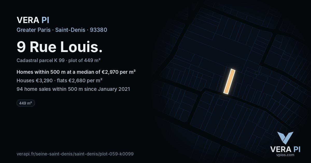9 Rue Louis, Saint-Denis at night – the plot lit, the parcels around coloured by the prices near them
