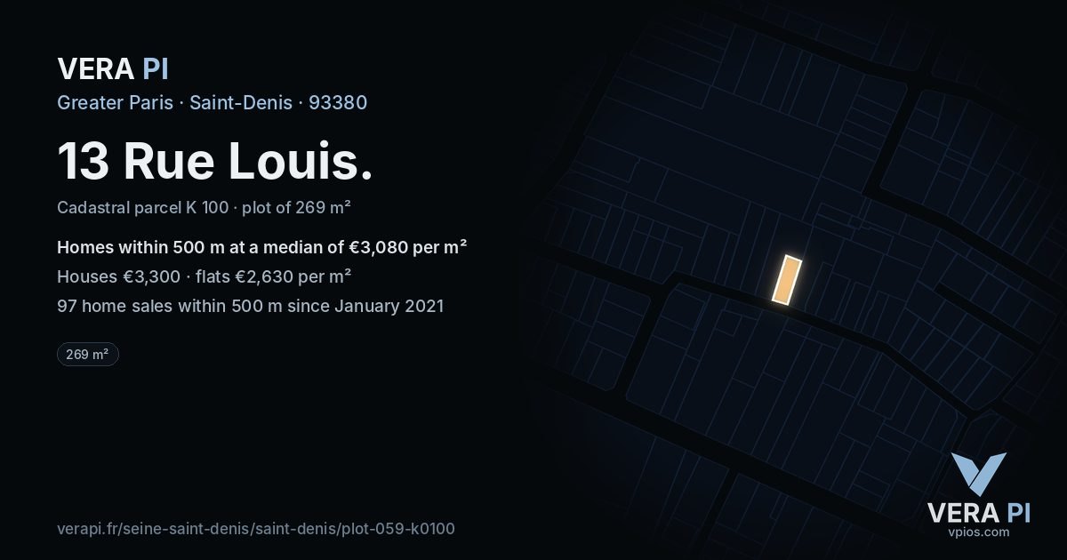 13 Rue Louis, Saint-Denis at night – the plot lit, the parcels around coloured by the prices near them