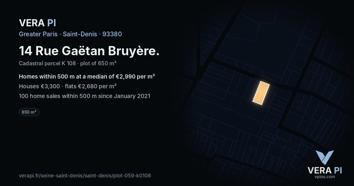14 Rue Gaëtan Bruyère, Saint-Denis at night – the plot lit, the parcels around coloured by the prices near them