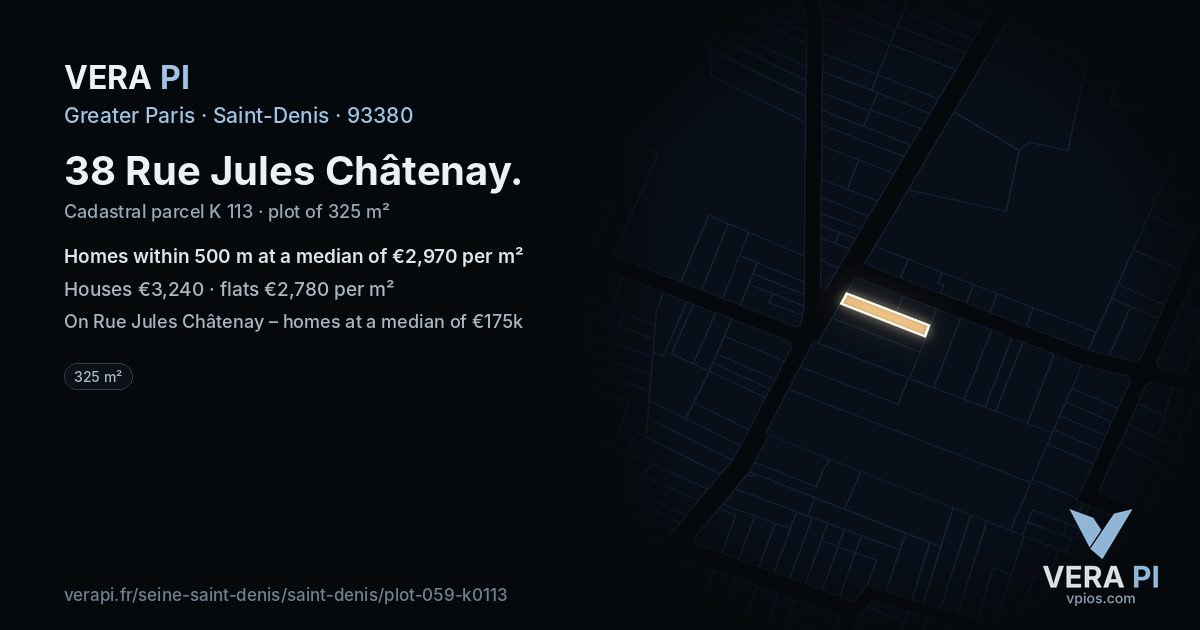 38 Rue Jules Châtenay, Saint-Denis at night – the plot lit, the parcels around coloured by the prices near them