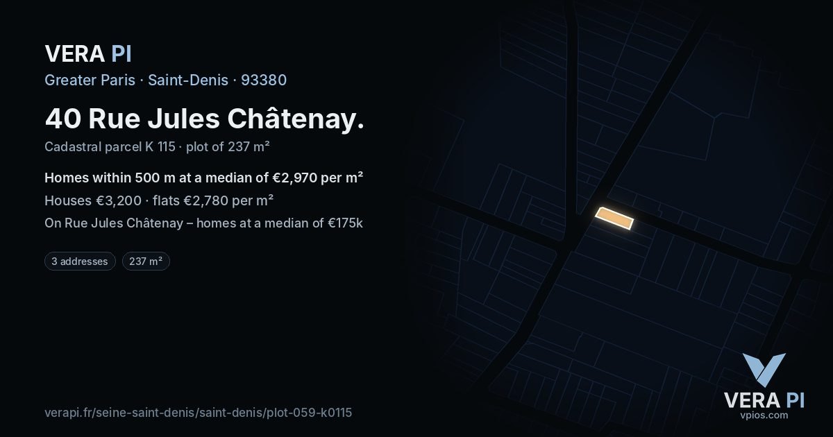 40 Rue Jules Châtenay, Saint-Denis at night – the plot lit, the parcels around coloured by the prices near them