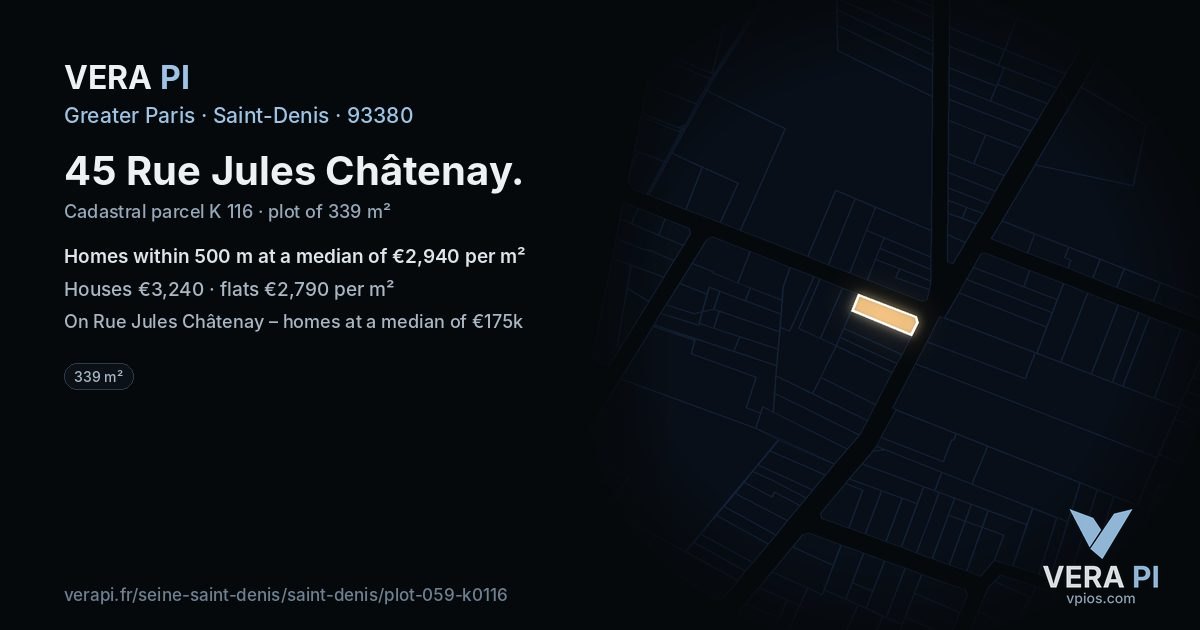 45 Rue Jules Châtenay, Saint-Denis at night – the plot lit, the parcels around coloured by the prices near them