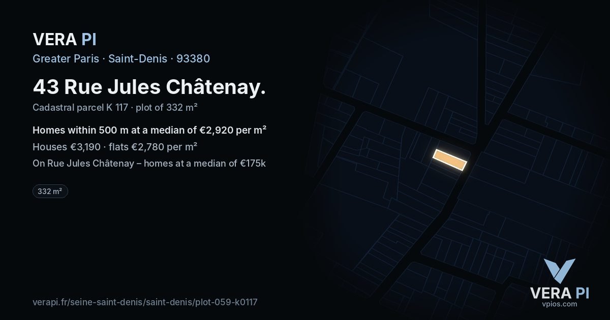 43 Rue Jules Châtenay, Saint-Denis at night – the plot lit, the parcels around coloured by the prices near them