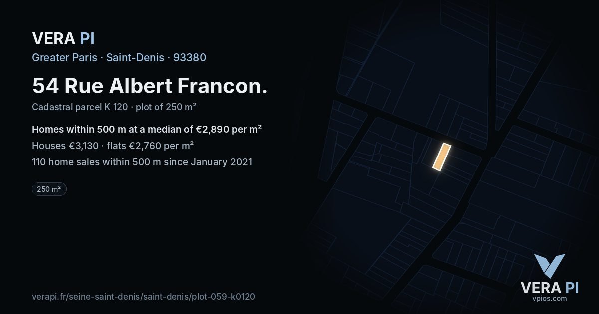 54 Rue Albert Francon, Saint-Denis at night – the plot lit, the parcels around coloured by the prices near them