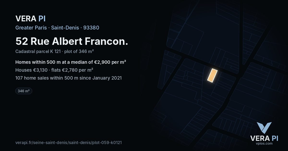 52 Rue Albert Francon, Saint-Denis at night – the plot lit, the parcels around coloured by the prices near them
