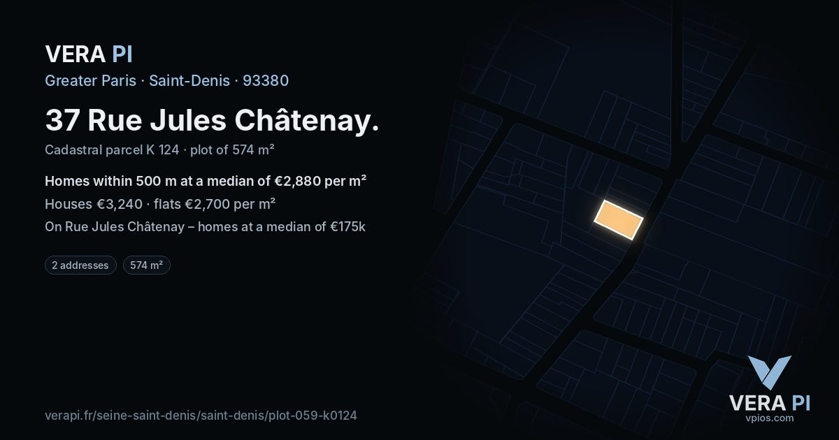 37 Rue Jules Châtenay, Saint-Denis at night – the plot lit, the parcels around coloured by the prices near them